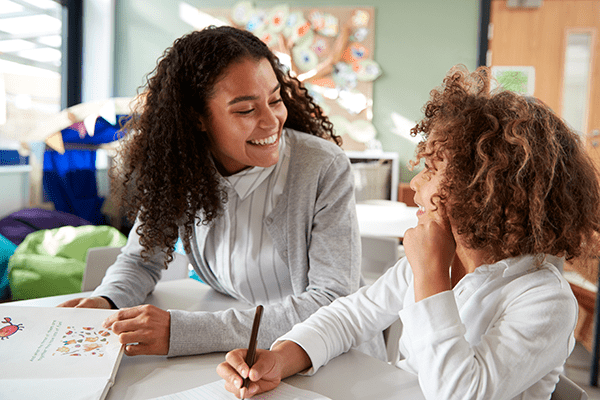 teacher and student in class chatting website
